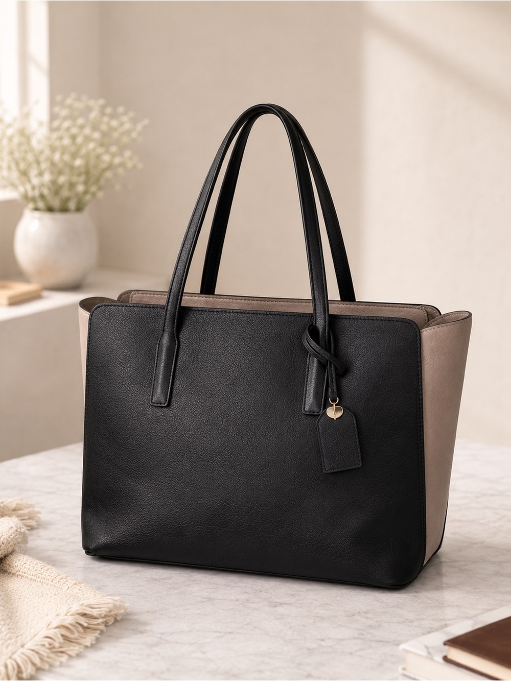 Kate Spade Black Tan Leather shoulder bag Structured tote